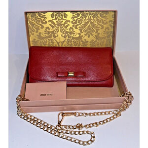 Miu Miu Madras Fiocco Red Leather Long Wallet + COA Card Authentic chain bow